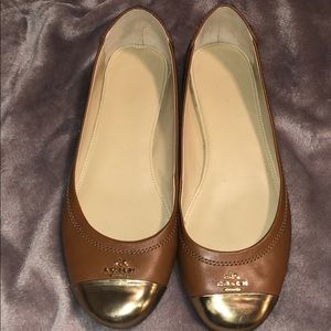 COACH brown/tan with gold cap flats Size 7